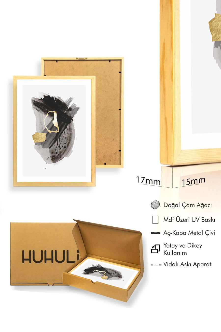 Doğal Ahşap Çerçeveli Soyut Desenli Tablo - Minimal | huhu1022