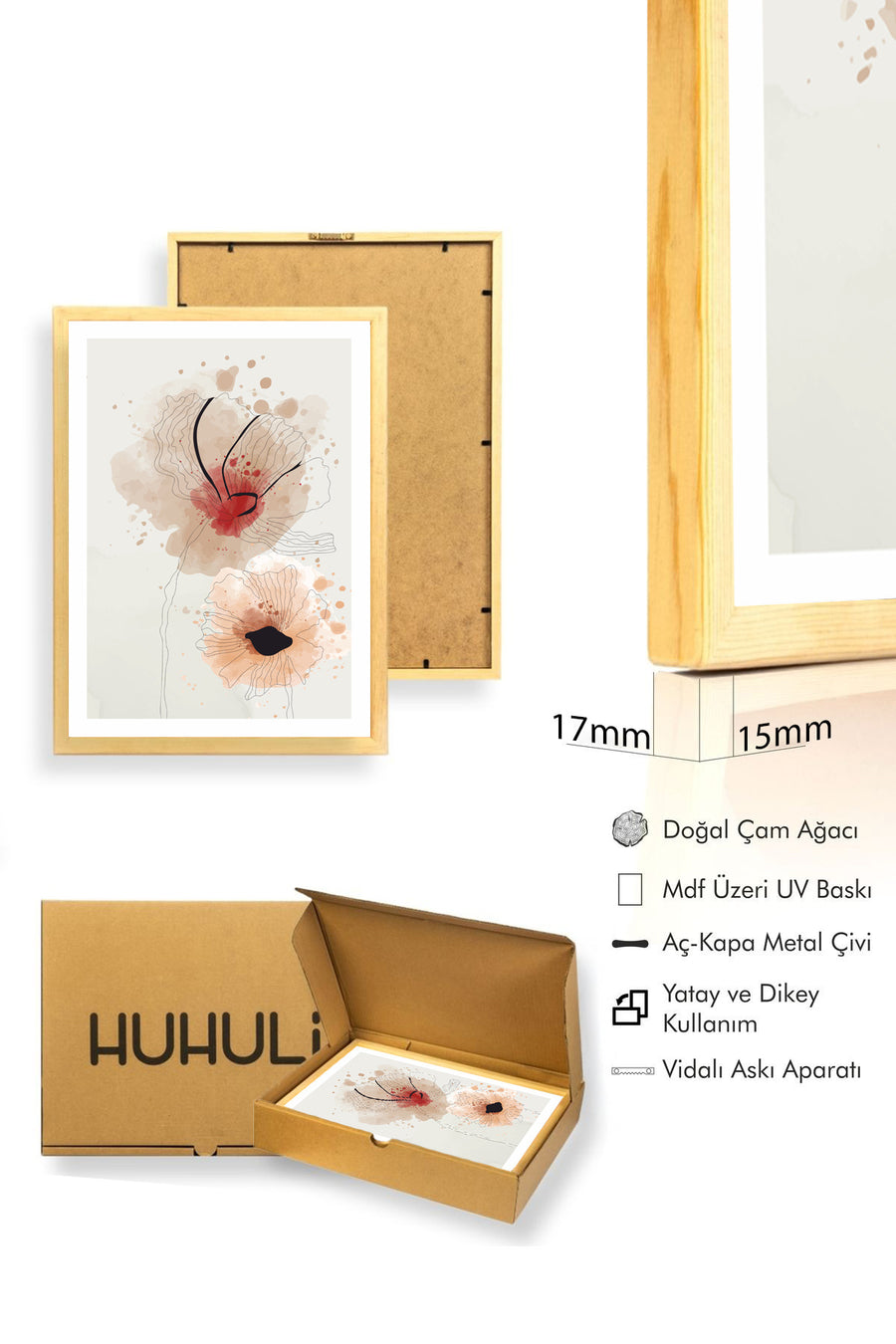 Doğal Ahşap Çerçeveli Çiçek Desenli Tablo - Pastel Tonlar | huhu1012