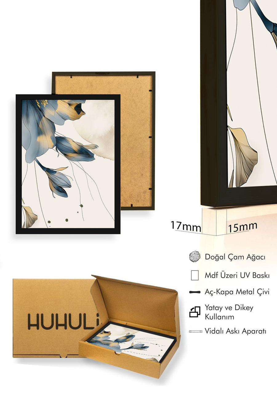 Doğal Ahşap Çerçeveli Çiçek Desenli Tablo - Minimal | huhu1292