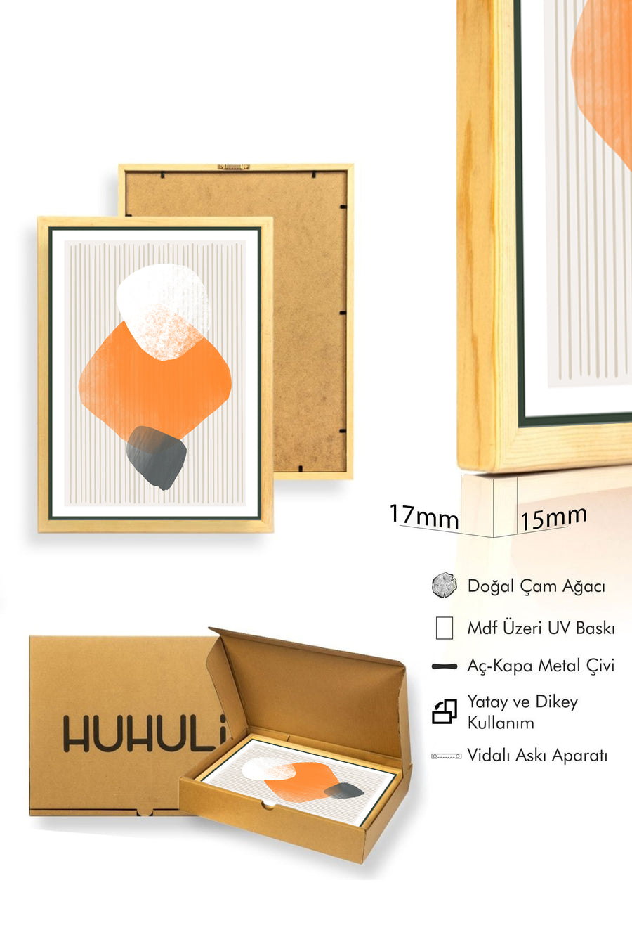 Doğal Ahşap Çerçeveli Soyut Desenli Tablo - Canlı Tonlar | huhu1459
