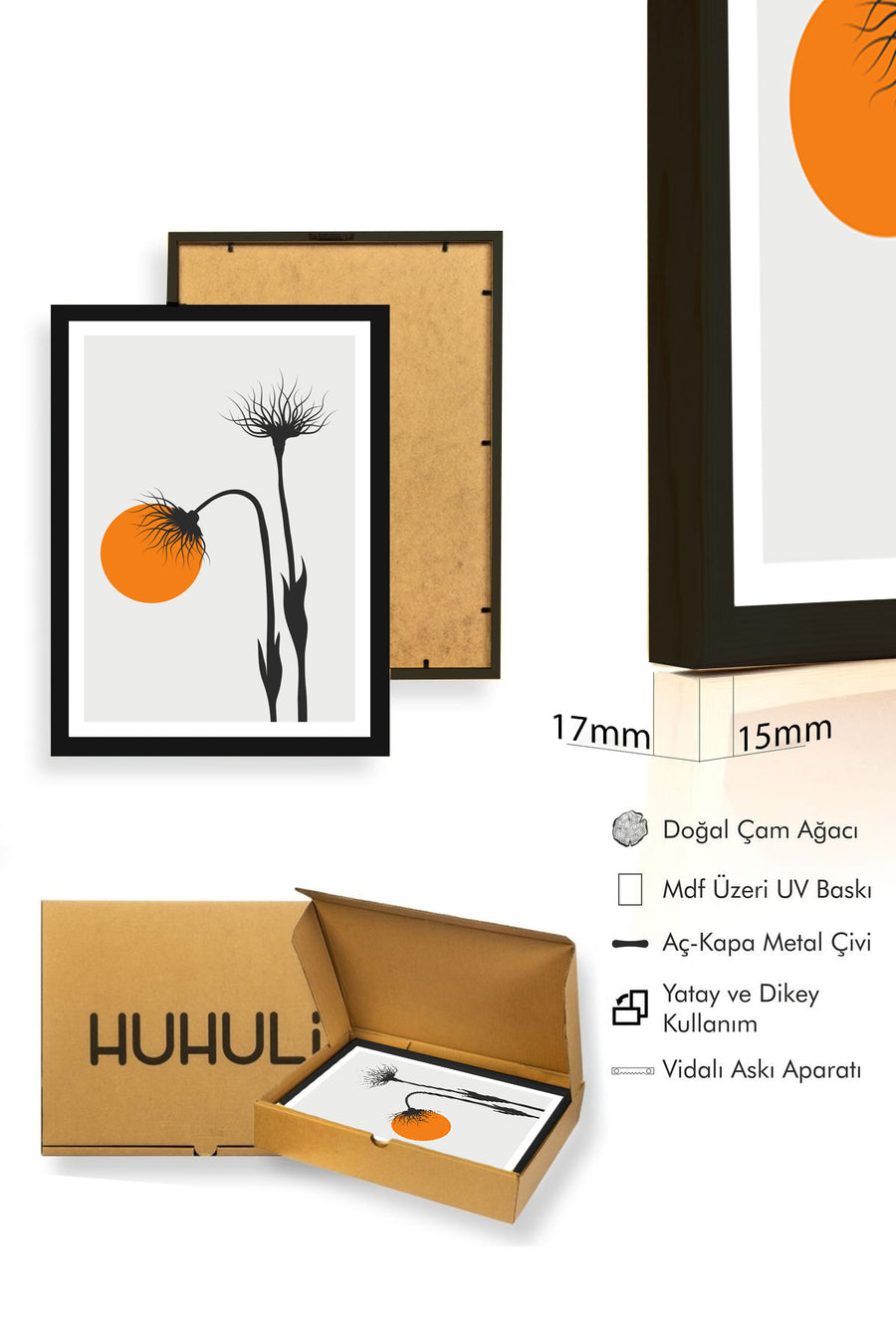 Doğal Ahşap Çerçeveli Soyut Çiçek Desenli Tablo - Canlı Tonlar | huhu1060