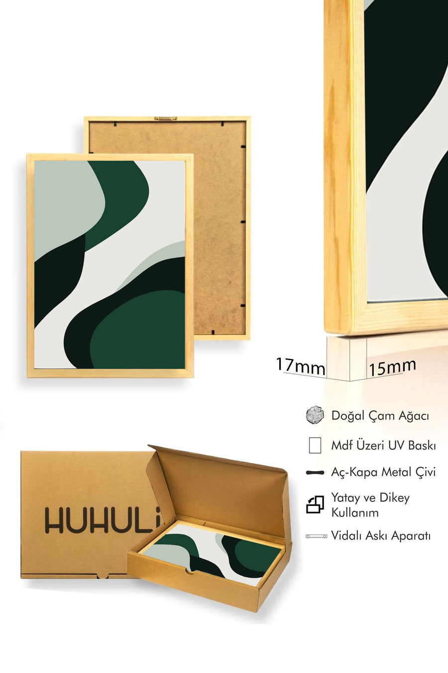 Doğal Ahşap Çerçeveli Soyut Desenli Tablo - Yeşil ve Beyaz Tonlar | huhu1011