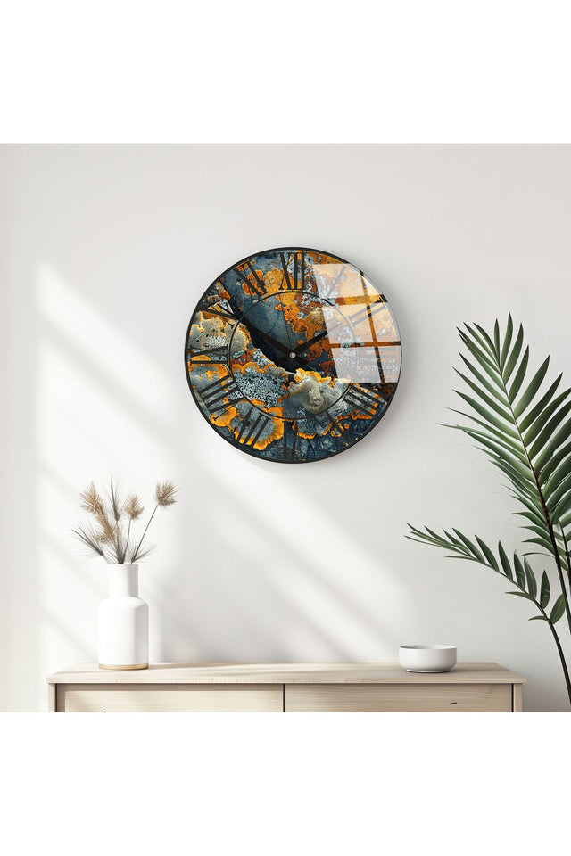 Geometrik Desenli Modern Duvar Saati - Siyah ve Turuncu | Huhu330