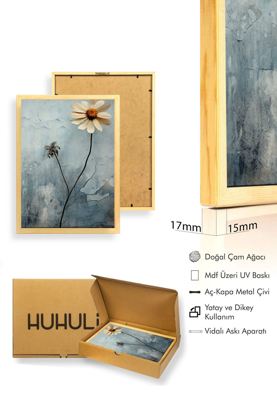 Doğal Ahşap Çerçeveli Çiçek Desenli Tablo - Soyut | huhu1302