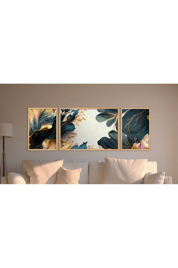 Soyut Desenli Mavi Altın Tablo Seti - 3’lü Set | Huhu310