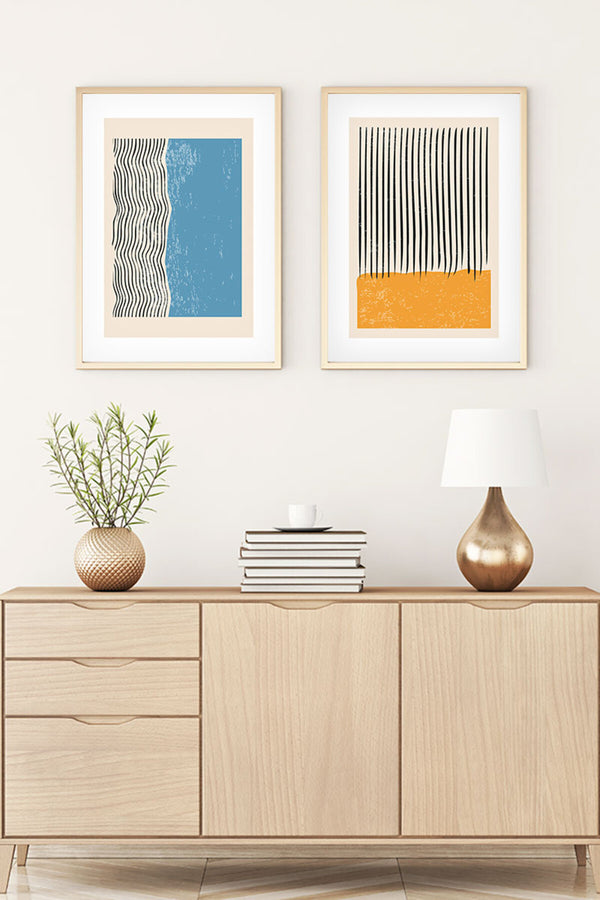 Geometrik Desenli Turuncu-Mavi Tablo Seti - Modern 2’li Set | huhu107