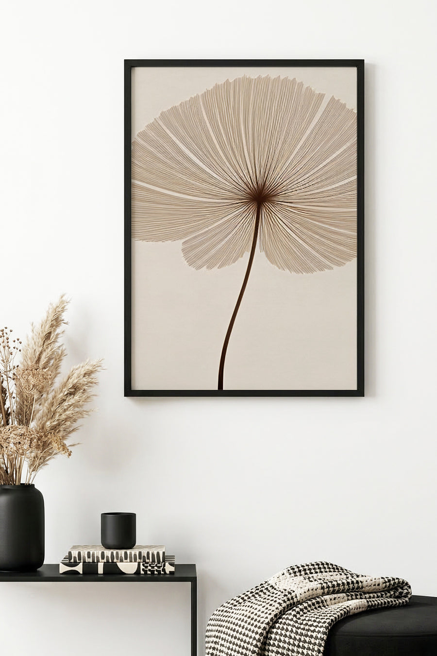 Doğal Ahşap Çerçeveli Minimal Yaprak Desenli Tablo - Pastel | huhu1321