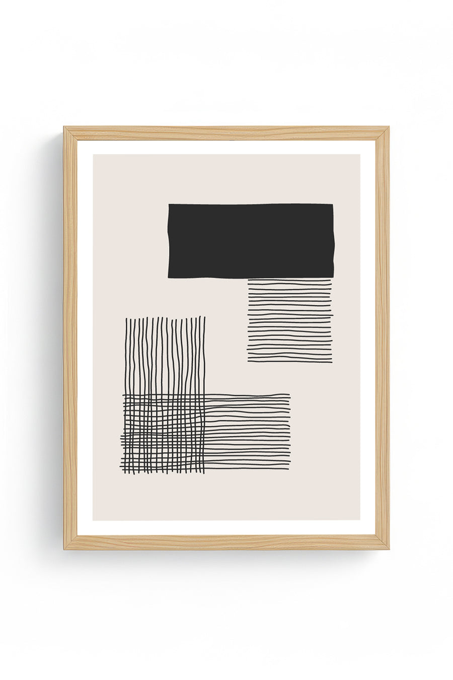 Doğal Ahşap Çerçeveli Minimal Line Art Desenli Tablo - Soyut | huhu1566