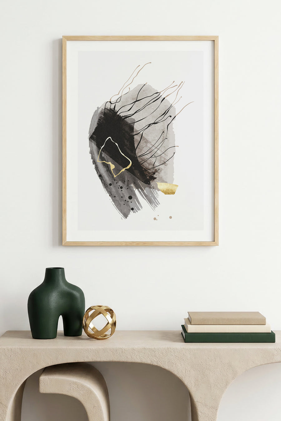 Doğal Ahşap Çerçeveli Soyut Minimalist Tablo - Pastel Tonlar | huhu1021