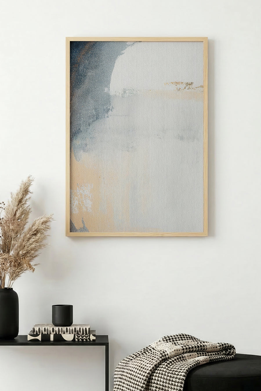 Doğal Ahşap Çerçeveli Soyut Desenli Tablo - Pastel Tonlar | huhu1331