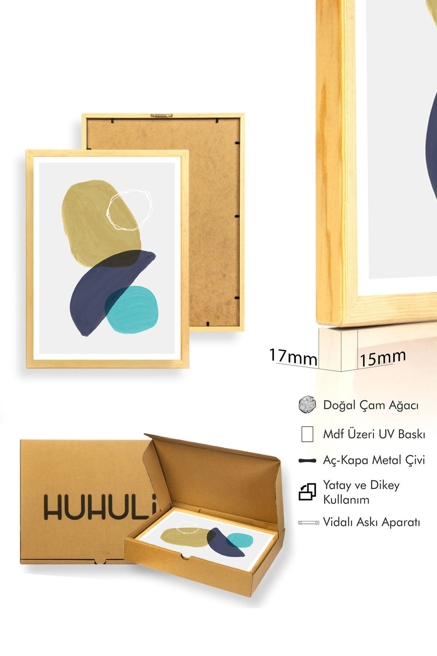 Doğal Ahşap Çerçeveli Soyut Desenli Tablo - Canlı Tonlar | huhu1506