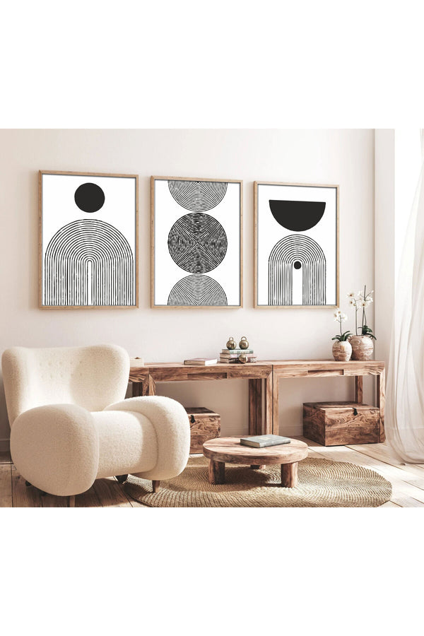 Geometrik Desenli Siyah-Beyaz Tablo Seti - Modern 3’lü Set | huhu163