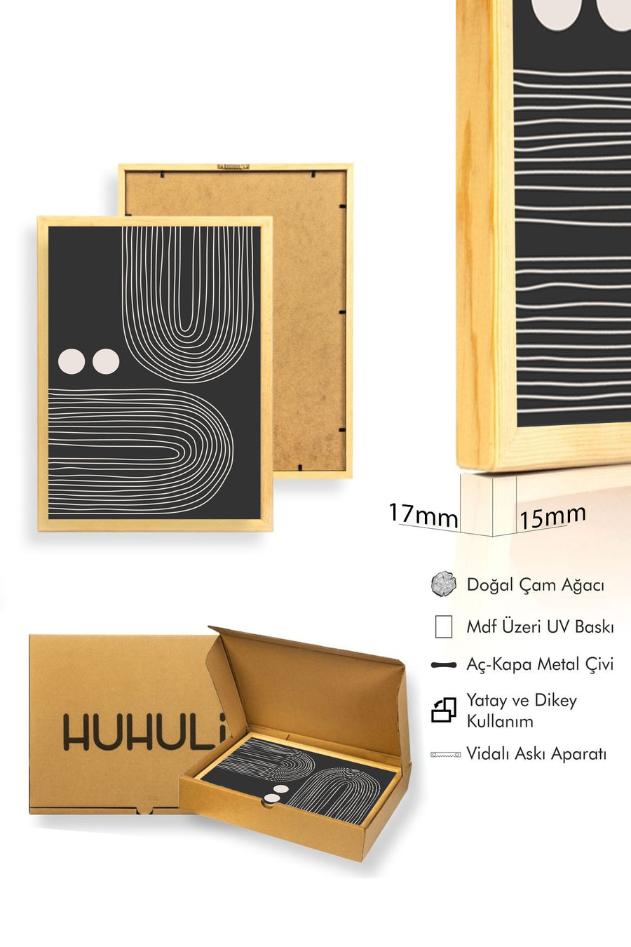 Doğal Ahşap Çerçeveli Minimal Çizgi Desenli Tablo - Siyah-Beyaz | huhu1439