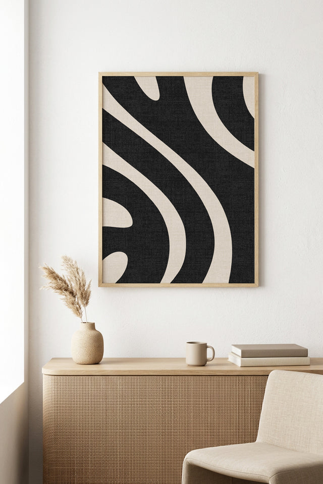 Doğal Ahşap Çerçeveli Geometrik Desenli Tablo - Siyah-Beyaz | huhu1008