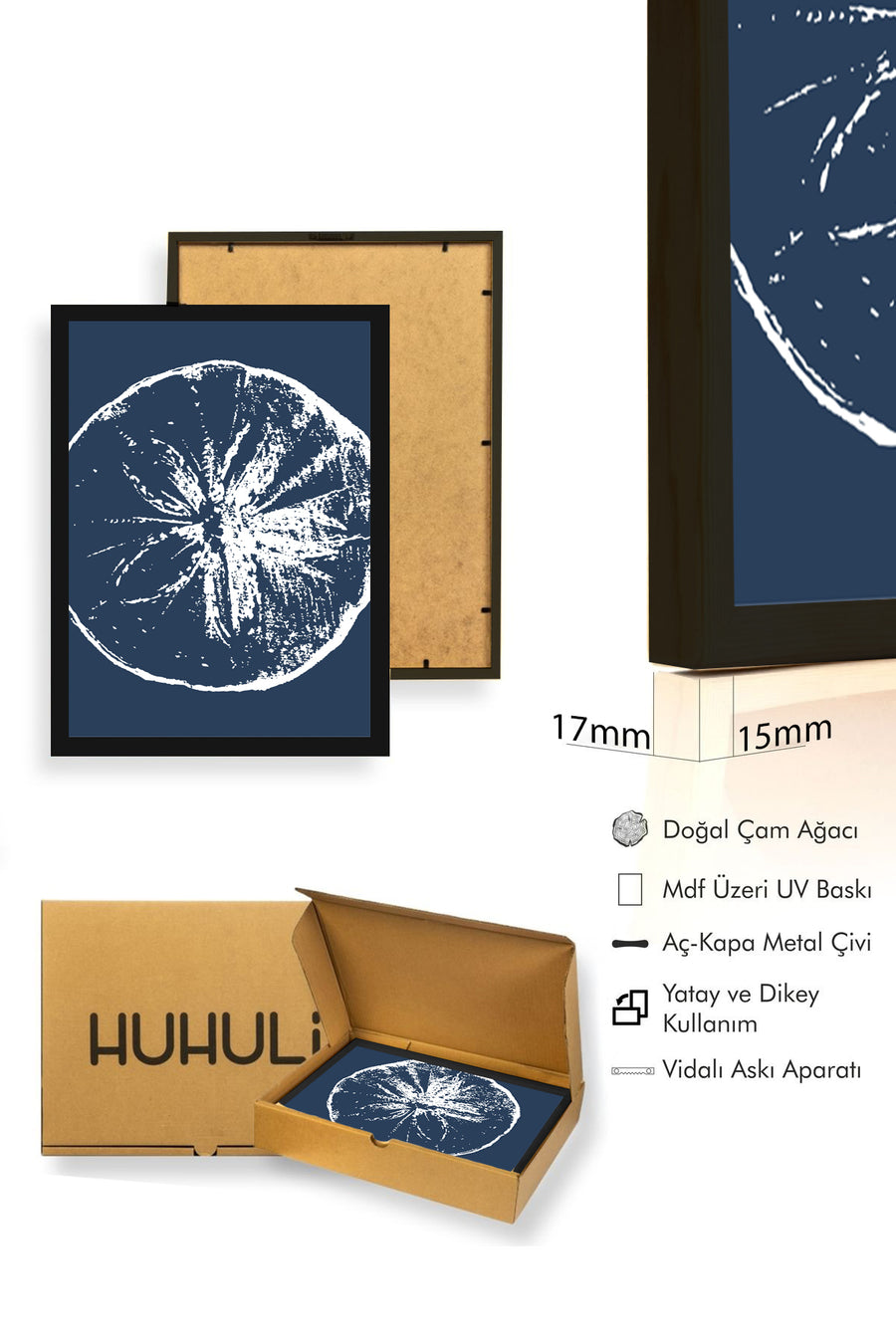 Doğal Ahşap Çerçeveli Soyut Meyve Desenli Tablo - Lacivert | huhu1077
