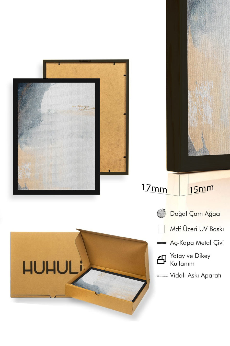 Doğal Ahşap Çerçeveli Soyut Desenli Tablo - Pastel Tonlar | huhu1331