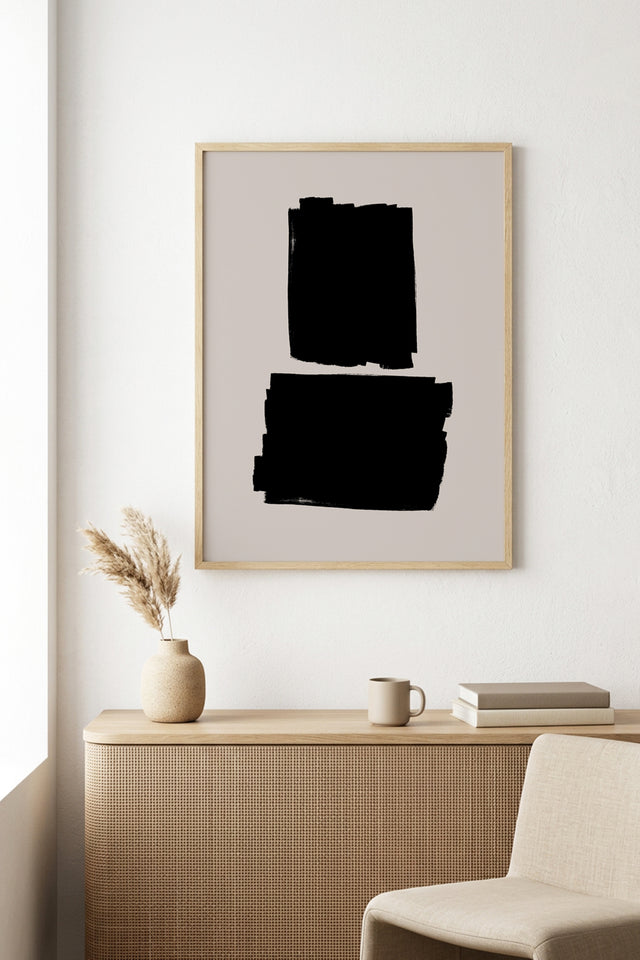 Doğal Ahşap Çerçeveli Soyut Siyah Desenli Tablo - Minimal | huhu1071