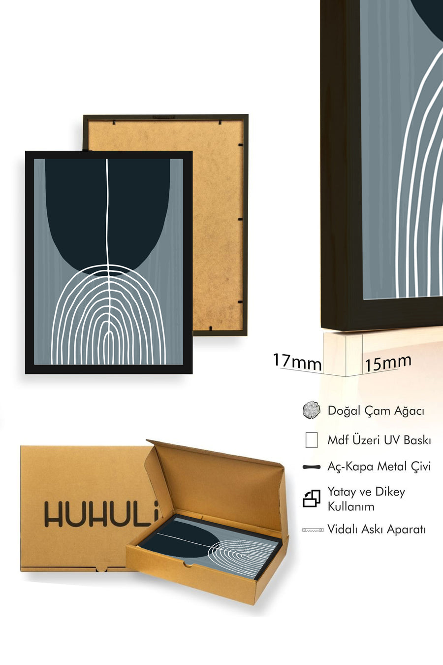 Doğal Ahşap Çerçeveli Minimal Geometrik Desenli Tablo - Soğuk Tonlar | huhu1037