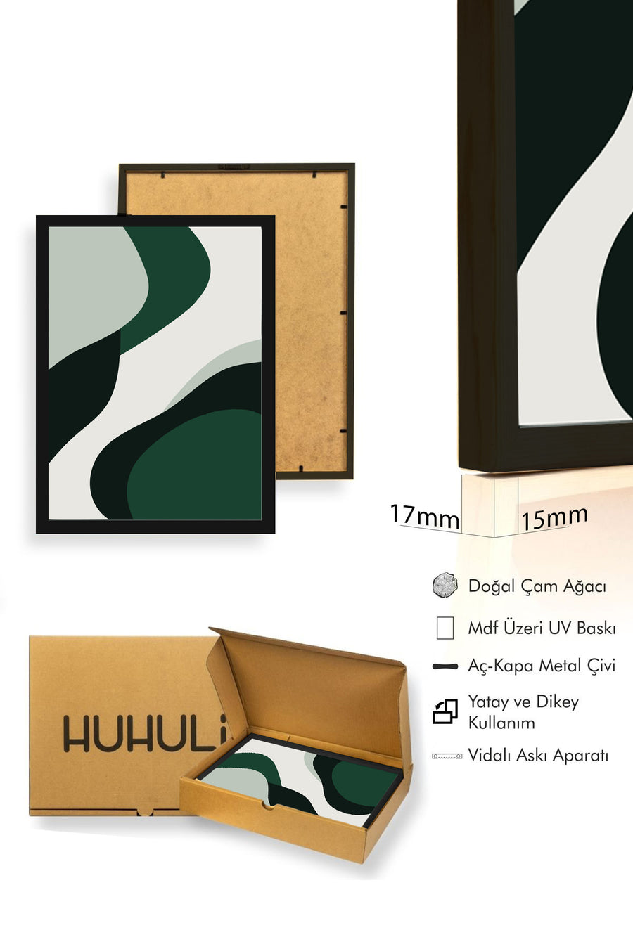 Doğal Ahşap Çerçeveli Soyut Desenli Tablo - Yeşil ve Beyaz Tonlar | huhu1011