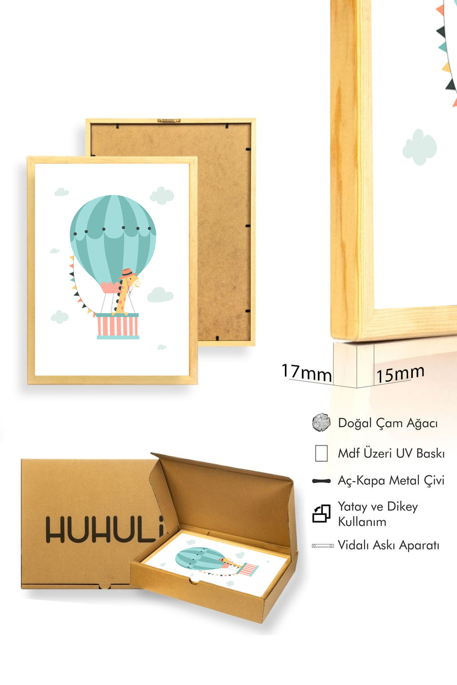 Doğal Ahşap Çerçeveli Çocuk Temalı Balonlu Tablo - Renkli | huhu1629