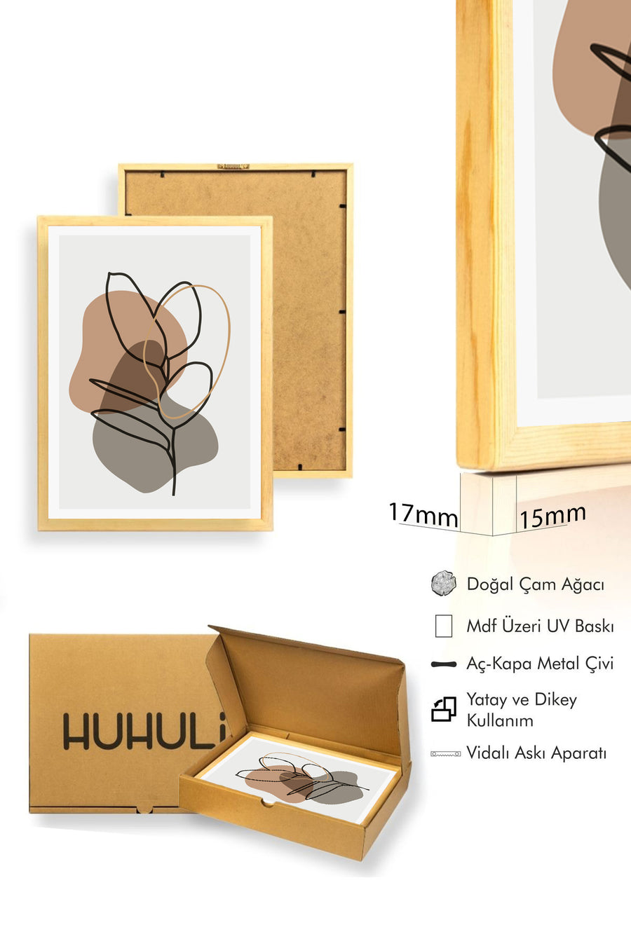 Doğal Ahşap Çerçeveli Minimal Yaprak Desenli Tablo - Pastel Tonlar | huhu1497