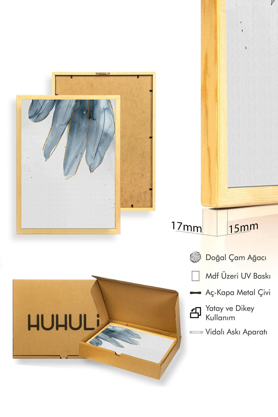 Doğal Ahşap Çerçeveli Soyut Çiçek Desenli Tablo - Mavi-Gold | huhu1299