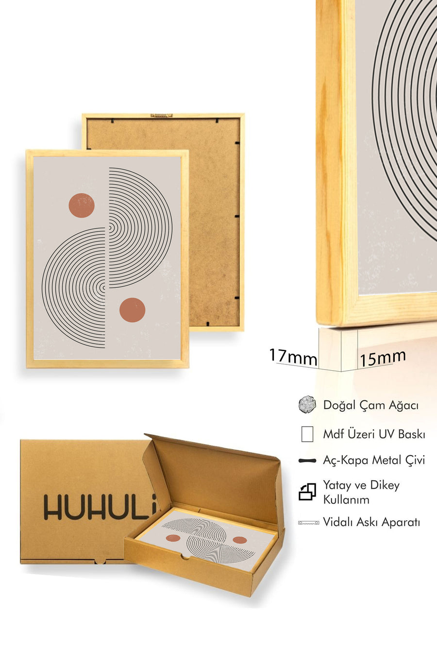 Doğal Ahşap Çerçeveli Geometrik Desenli Tablo - Pastel | huhu1389