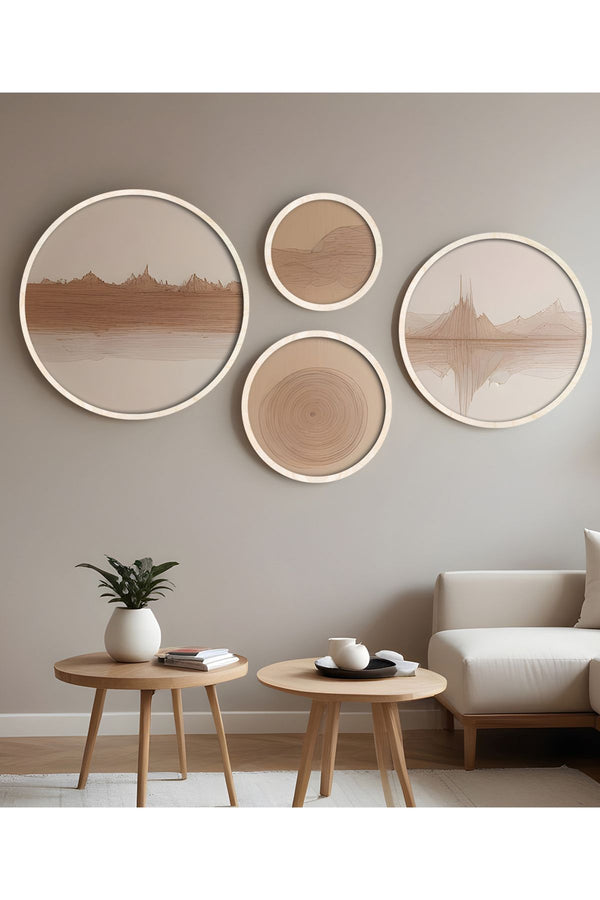 Geometrik Desenli Bej Tablo Seti - 4'lü Yuvarlak Set | huhu300