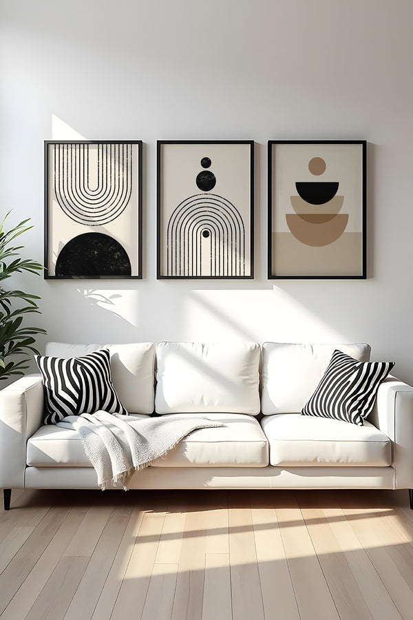 Geometrik Desenli Siyah-Beyaz Tablo Seti - Modern 3’lü Set | huhu262