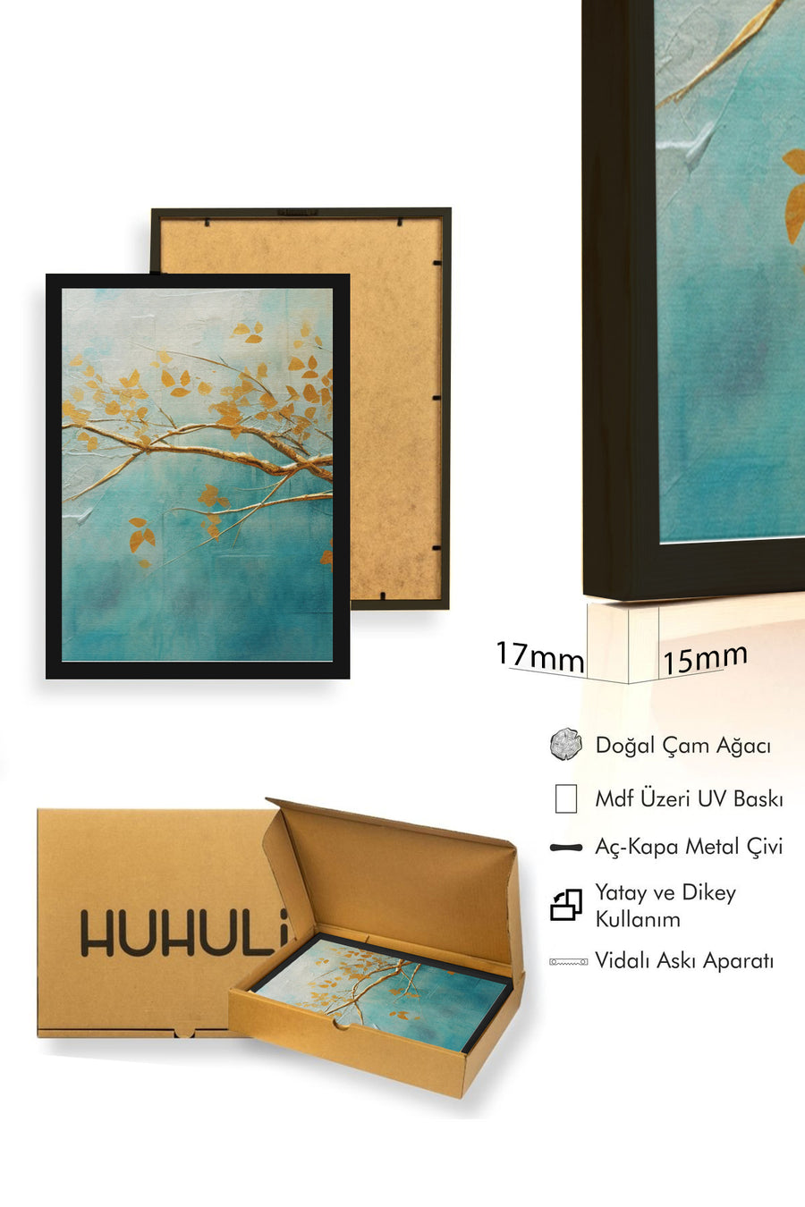 Doğal Ahşap Çerçeveli Soyut Yaprak Desenli Tablo - Canlı Tonlar | huhu1334