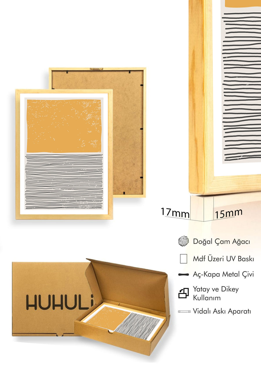 Doğal Ahşap Çerçeveli Soyut Desenli Tablo - Sarı-Siyah | huhu1533
