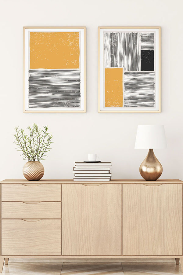 Geometrik Desenli Sarı ve Siyah Tablo Seti - Modern 2’li Set | huhu130