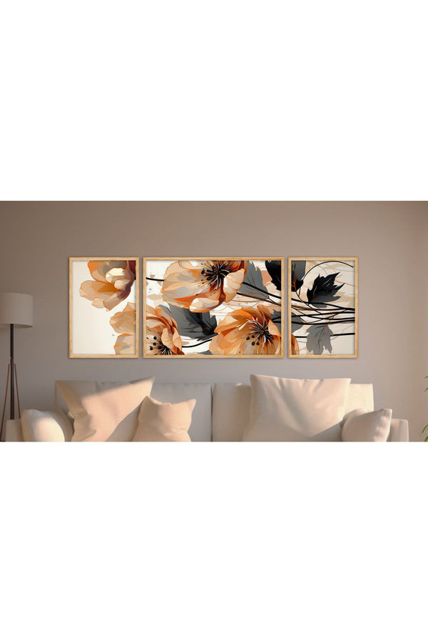 Soyut Çiçek Desenli Tablo Seti - Modern 3’lü Set | Huhu306