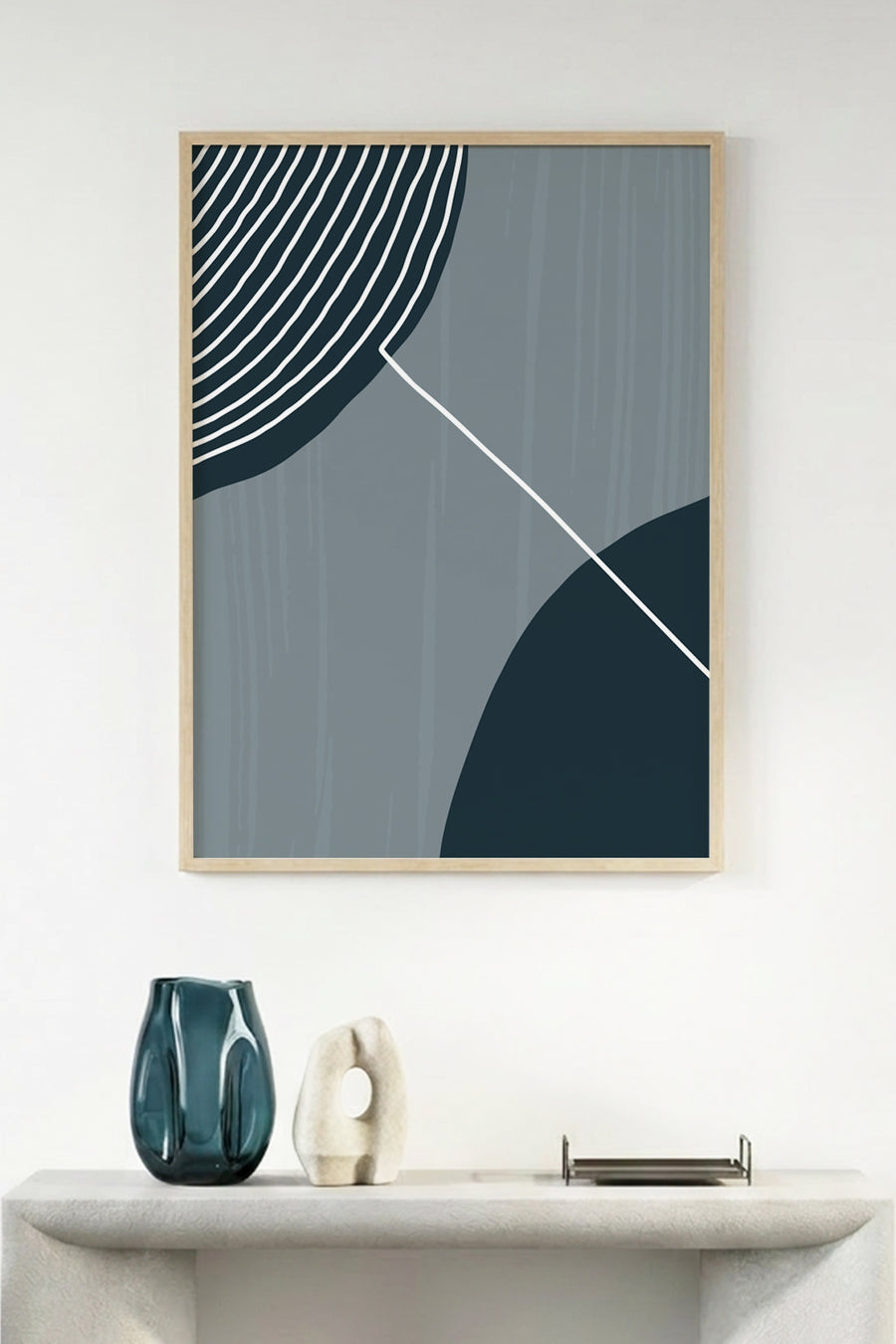 Doğal Ahşap Çerçeveli Minimal Geometrik Desenli Tablo - Soğuk Tonlar | huhu1038