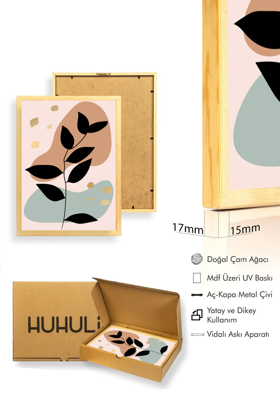 Doğal Ahşap Çerçeveli Minimal Yaprak Desenli Tablo - Pastel Tonlar | huhu1404