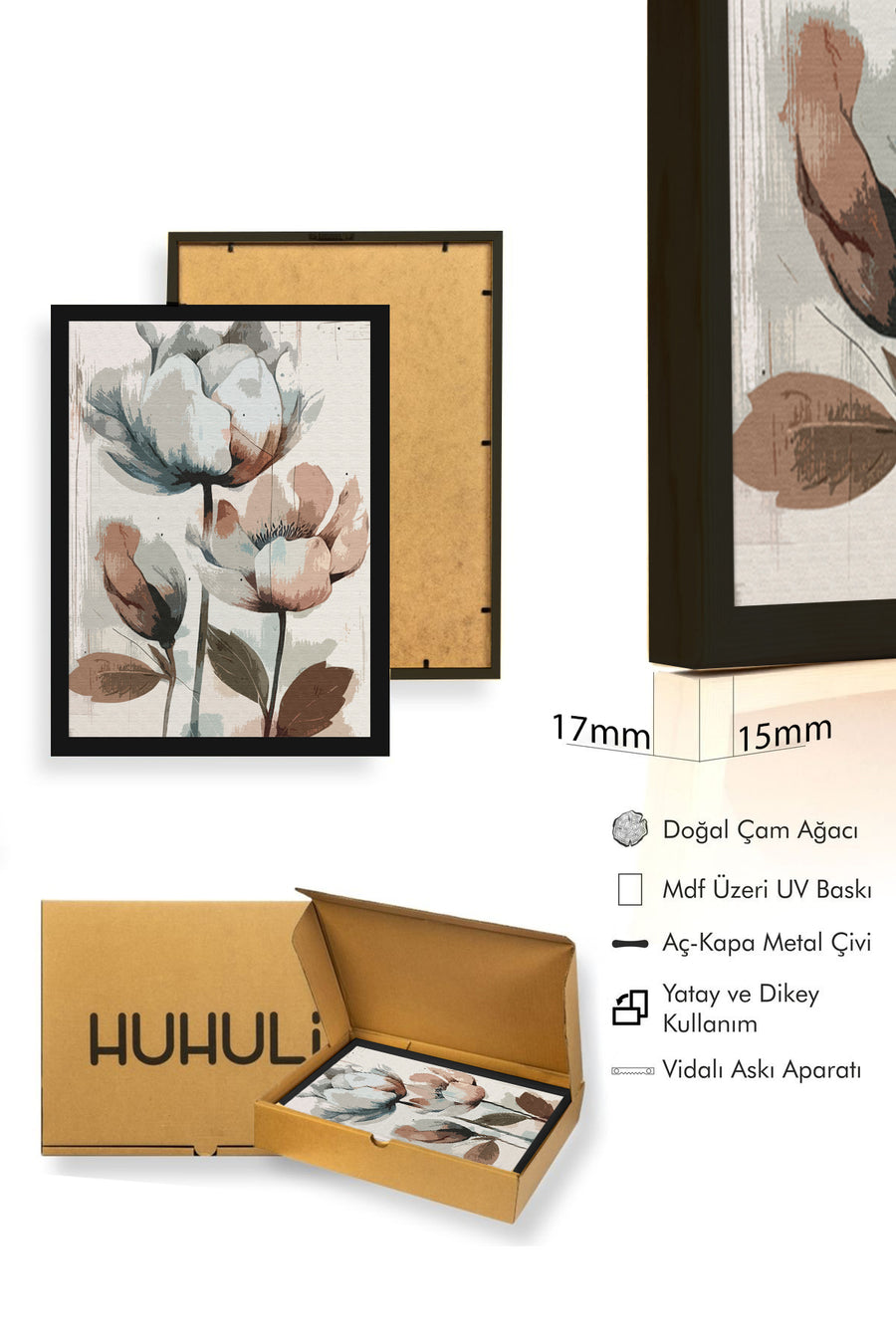 Doğal Ahşap Çerçeveli Çiçek Desenli Tablo - Pastel Tonlar | huhu1311