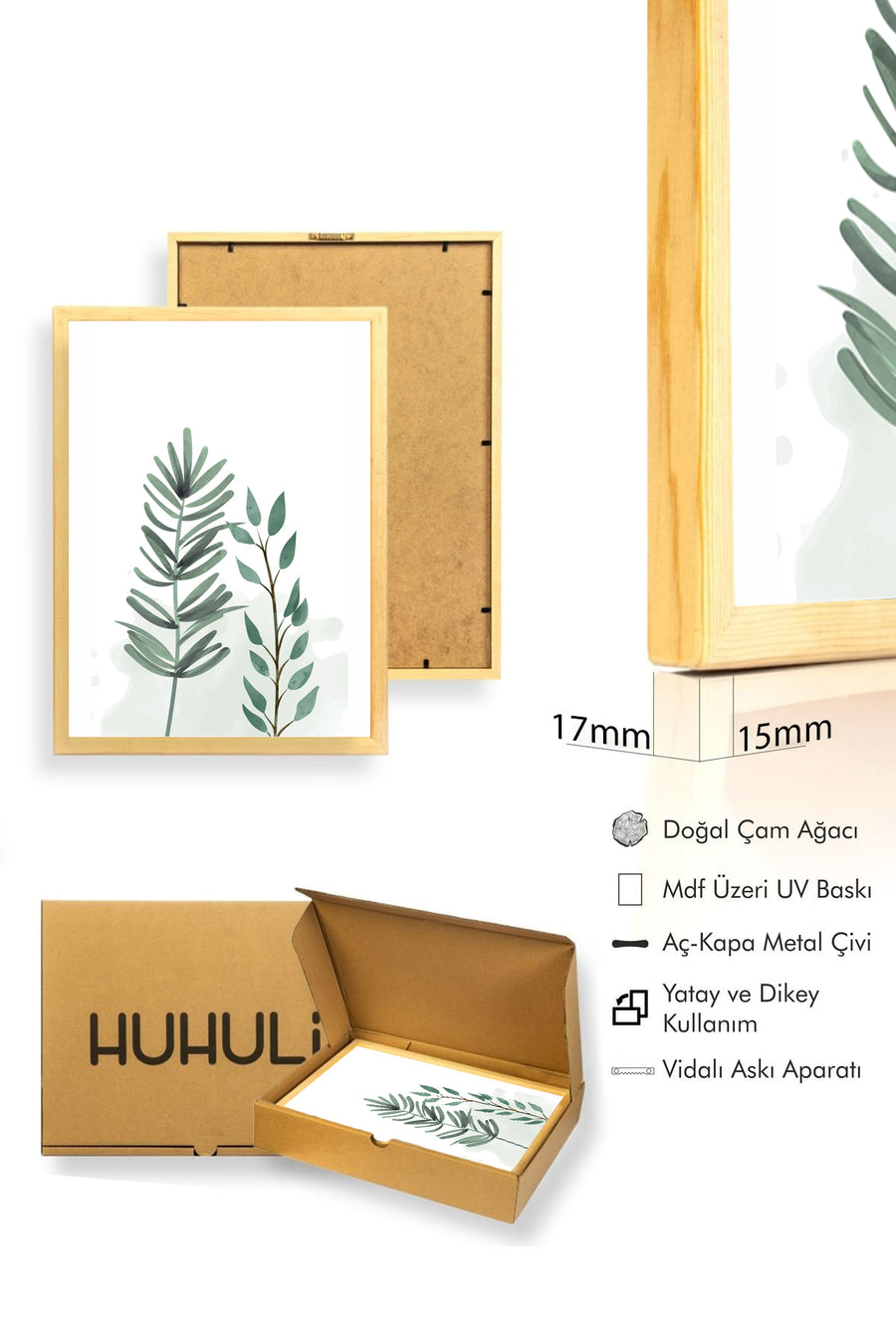 Doğal Ahşap Çerçeveli Minimal Yaprak Desenli Tablo - Pastel Tonlar | huhu1636