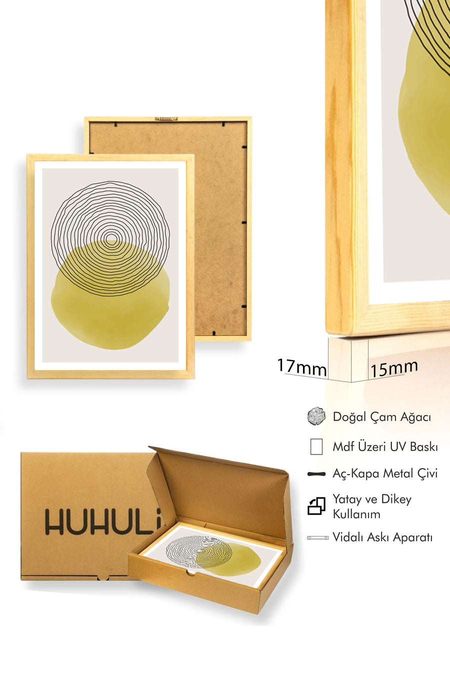 Doğal Ahşap Çerçeveli Minimal Çizgili Desenli Tablo - Pastel | huhu1562
