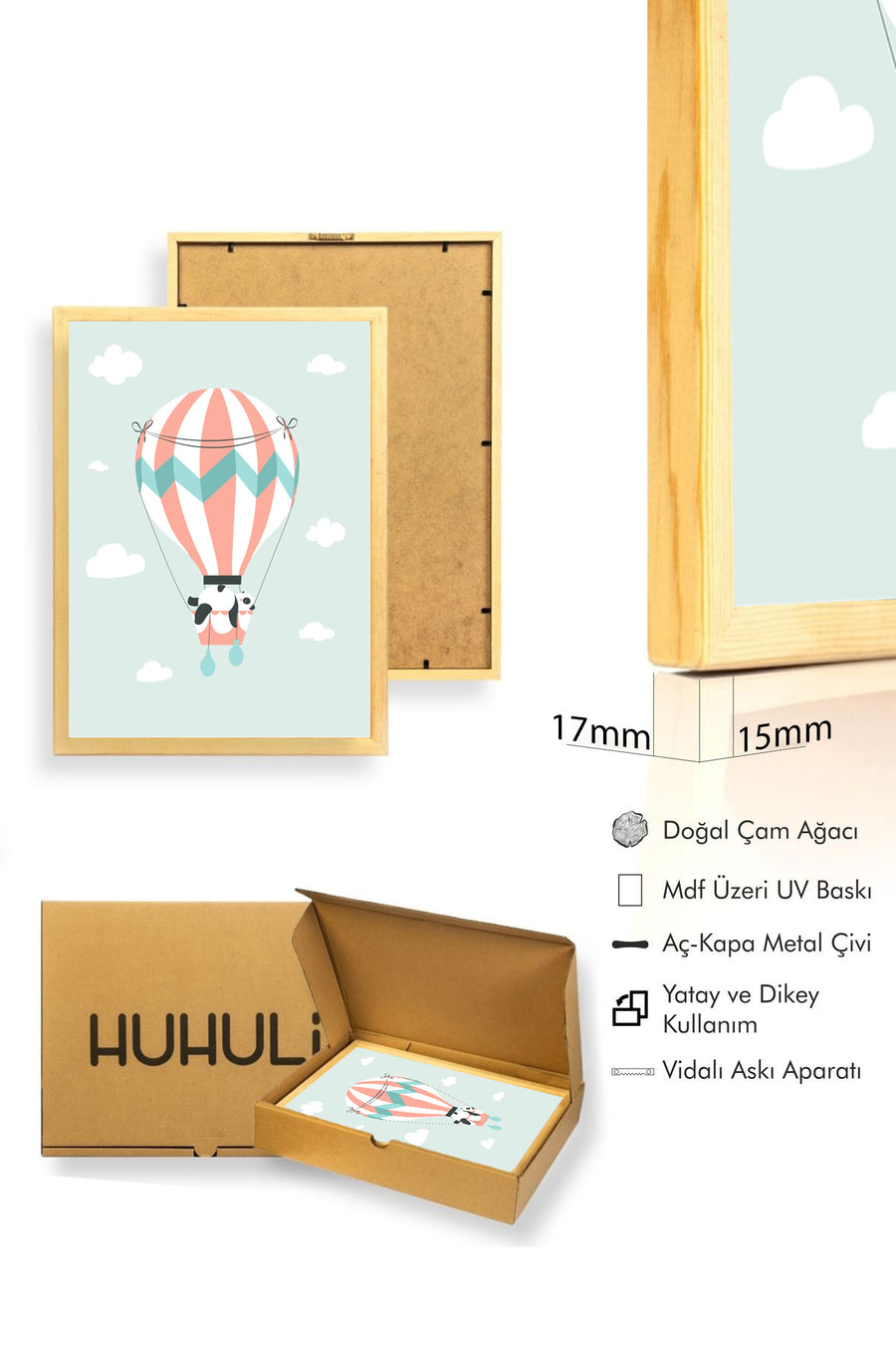 Doğal Ahşap Çerçeveli Çocuk Temalı Balon Desenli Tablo - Pastel Tonlar | huhu1627