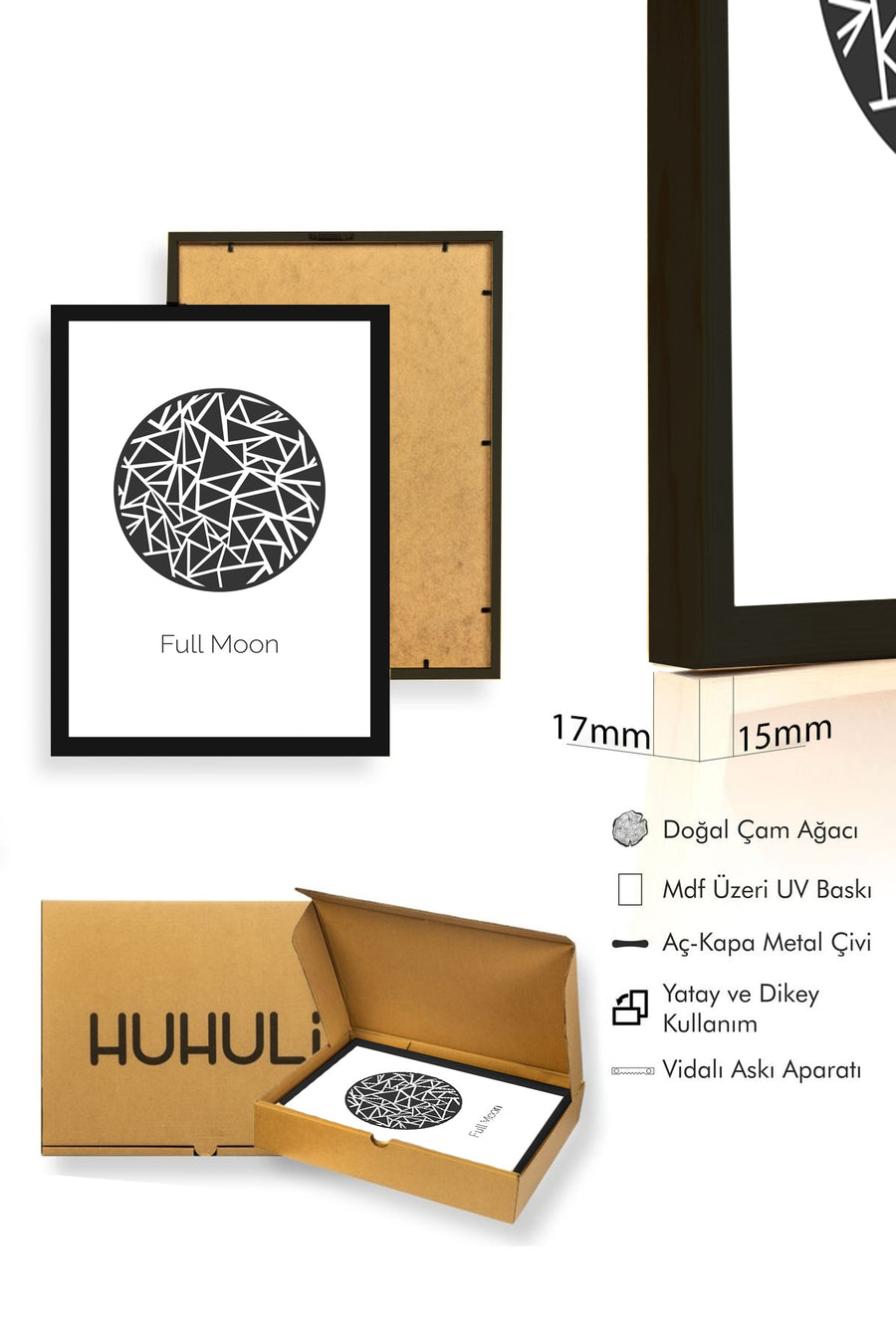 Doğal Ahşap Çerçeveli Geometrik Desenli Tablo - Siyah-Beyaz | huhu1045
