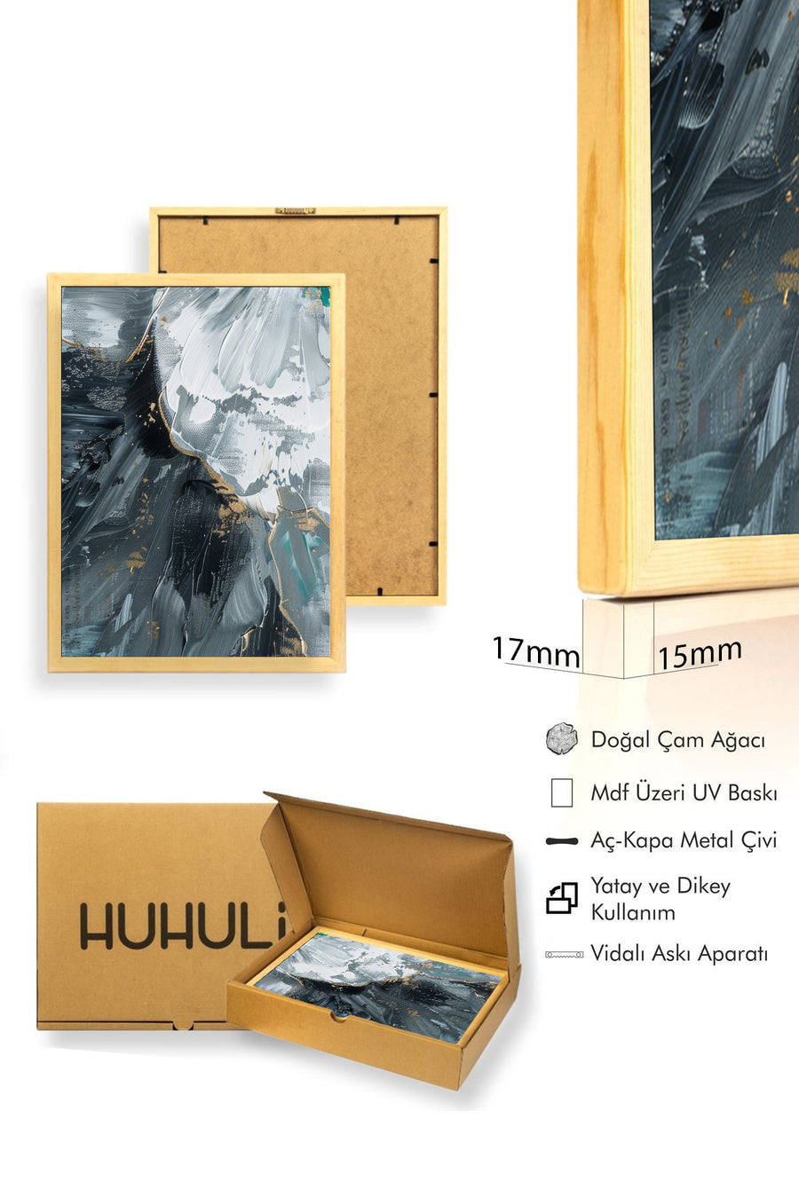 Doğal Ahşap Çerçeveli Soyut Desenli Tablo - Siyah-Beyaz | huhu1296