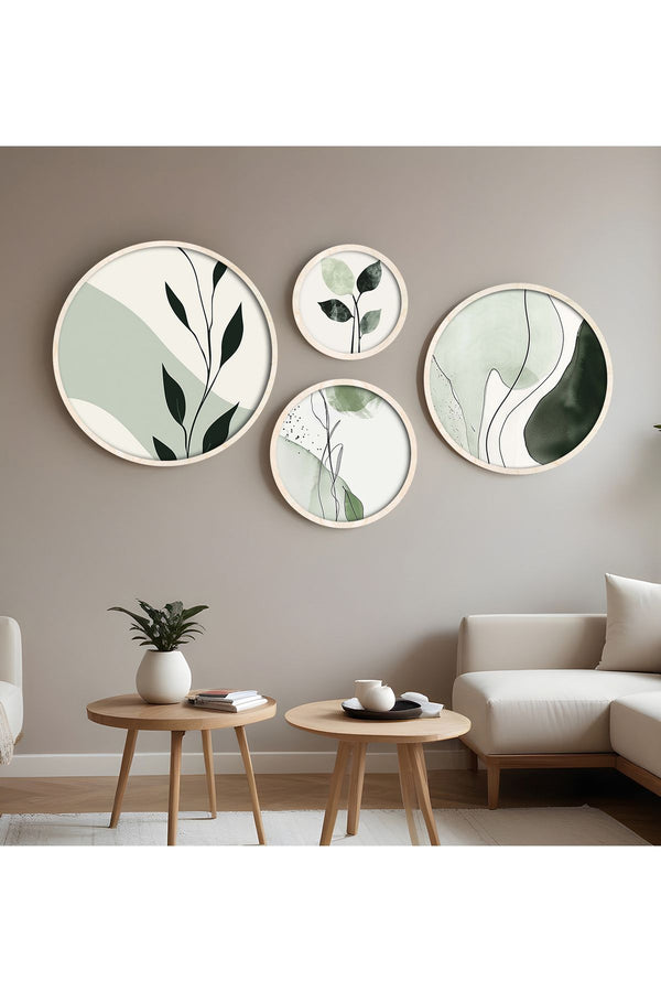 Soyut Desenli Yeşil Tablo Seti - 4’lü Yuvarlak Set | huhu297