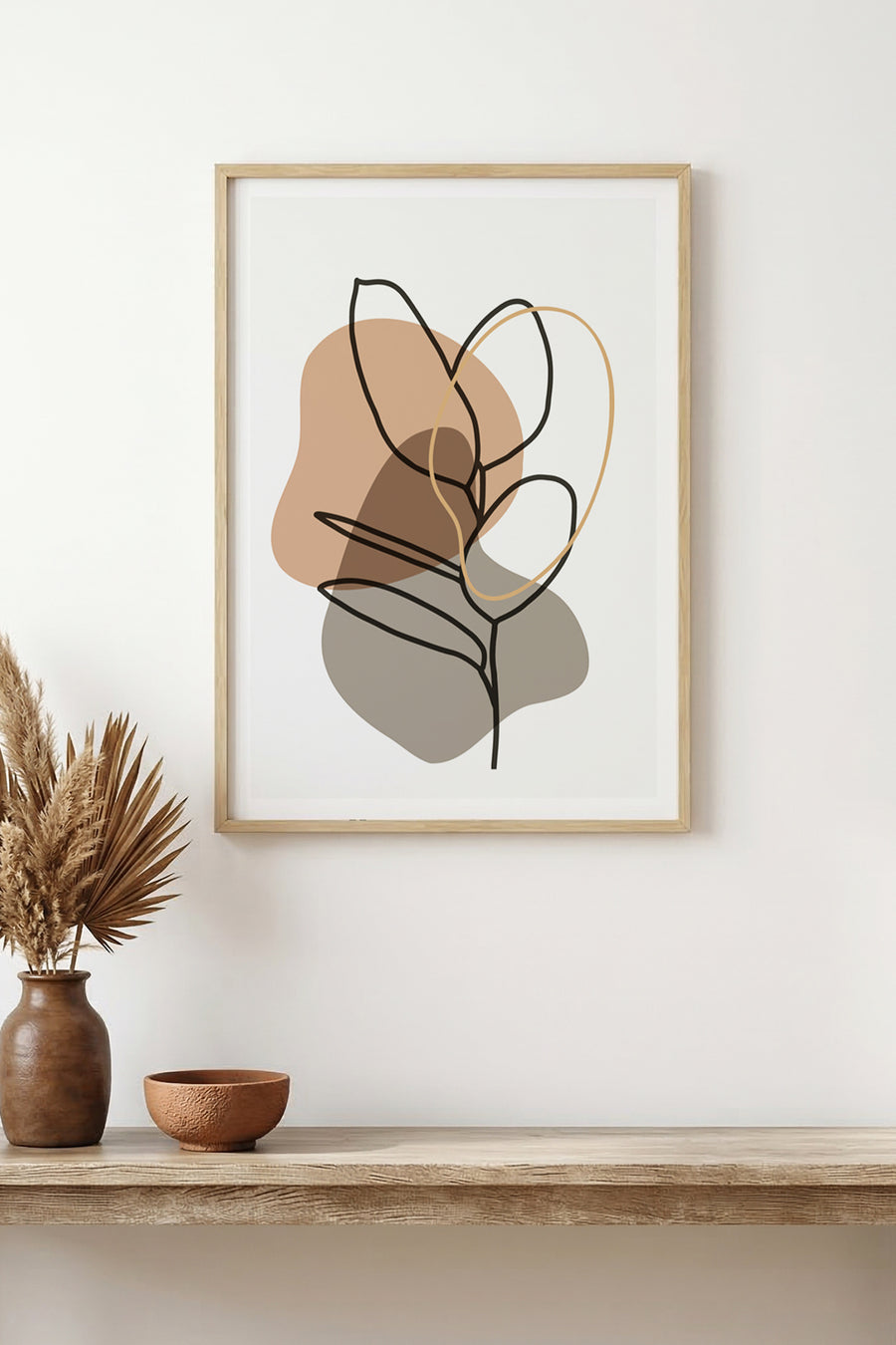 Doğal Ahşap Çerçeveli Minimal Yaprak Desenli Tablo - Pastel Tonlar | huhu1497