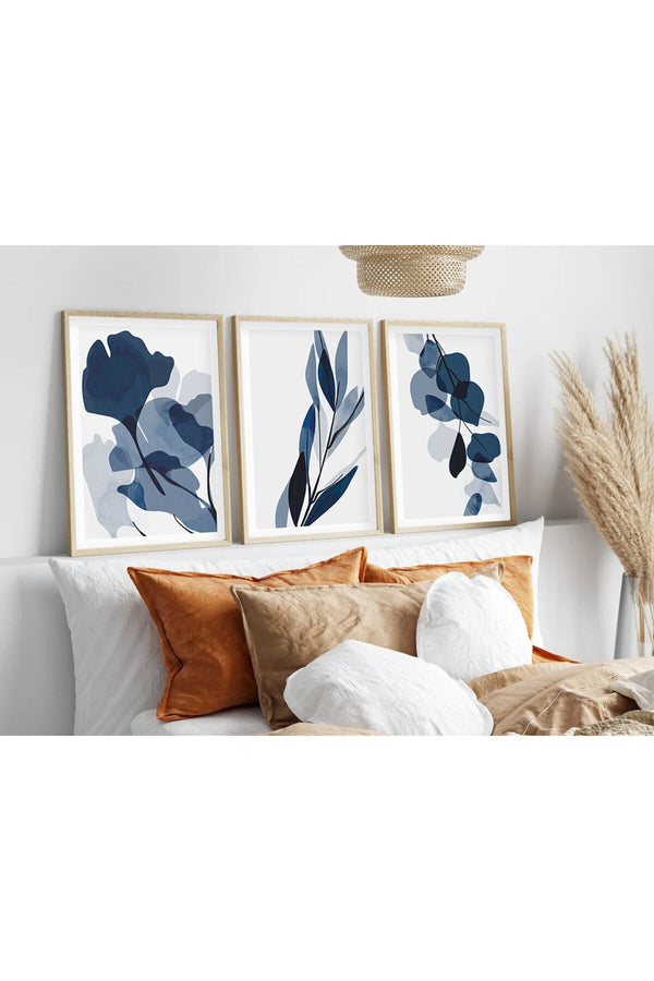 Geometrik Desenli Mavi Tablo Seti - Modern 3’lü Set | huhu207