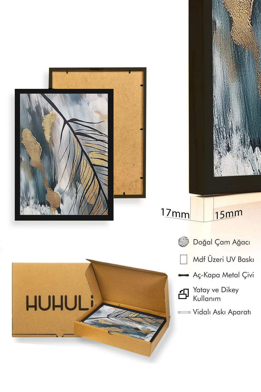 Doğal Ahşap Çerçeveli Soyut Yaprak Desenli Tablo - Canlı Tonlar | huhu1310