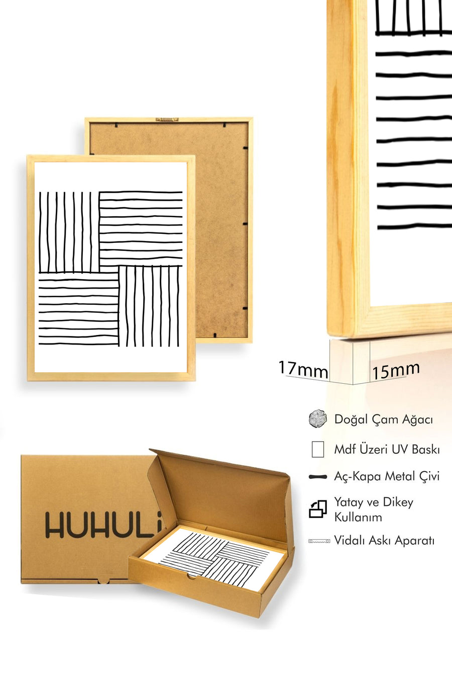 Doğal Ahşap Çerçeveli Minimal Çizgili Tablo - Siyah Beyaz | huhu1078