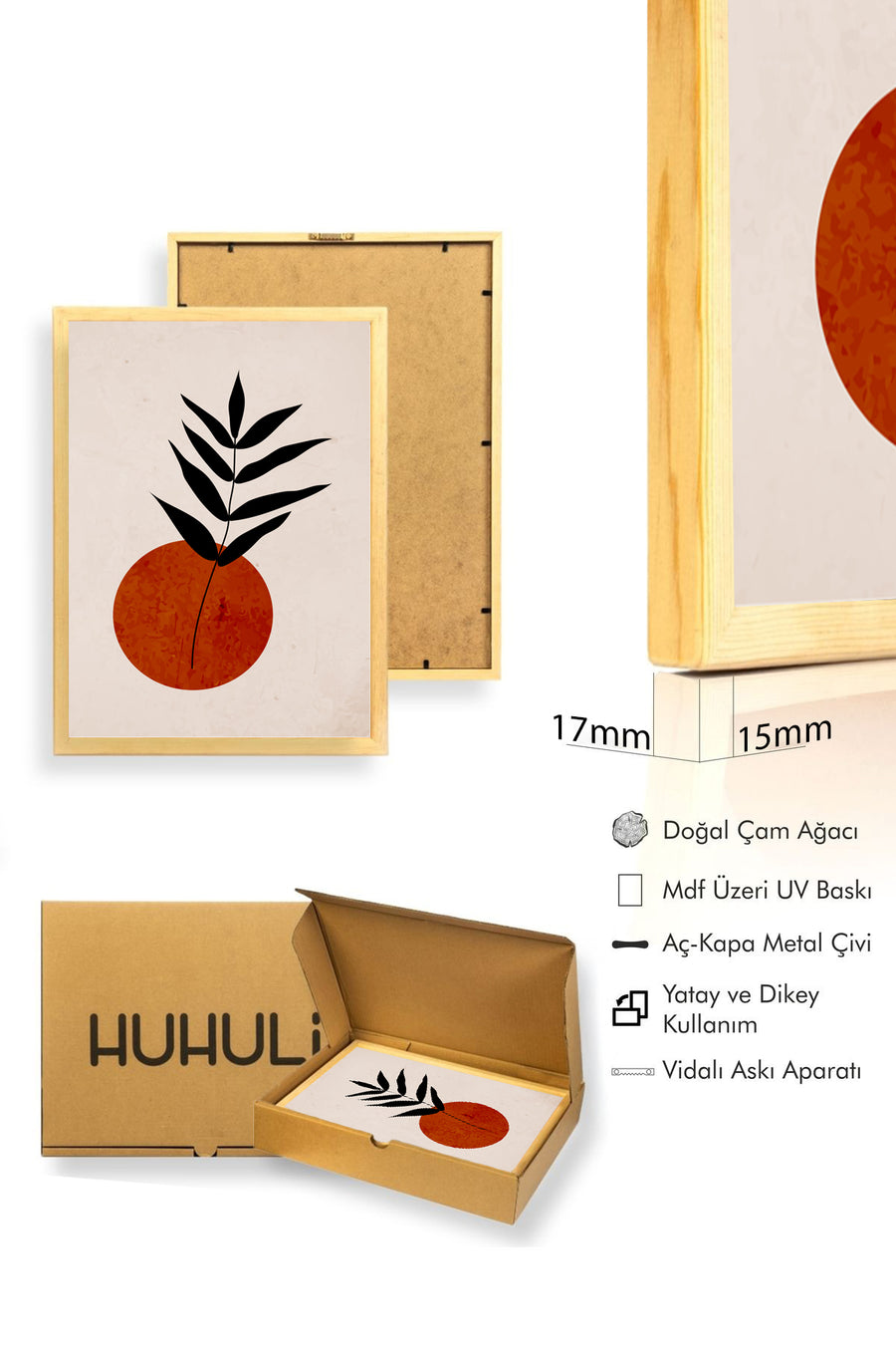 Doğal Ahşap Çerçeveli Minimal Yaprak Desenli Tablo - Canlı Tonlar | huhu1626