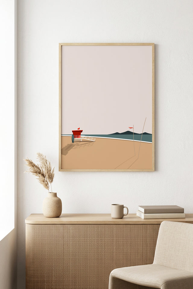 Doğal Ahşap Çerçeveli Minimal Plaj Manzarası Tablo - Pastel Tonlar | huhu1335