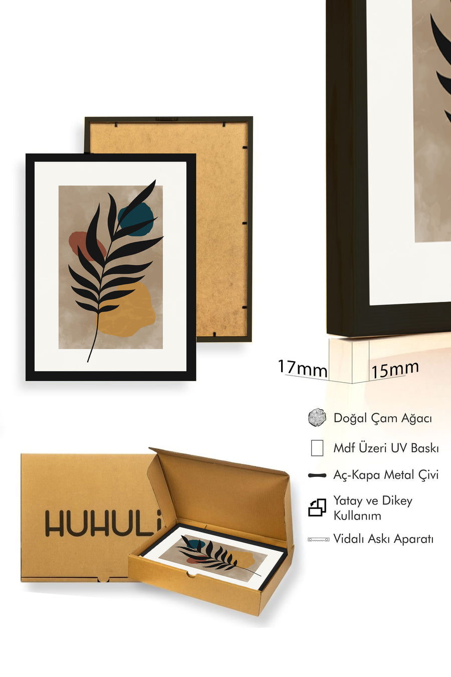 Doğal Ahşap Çerçeveli Minimal Yaprak Desenli Tablo - Canlı Tonlar | huhu1327