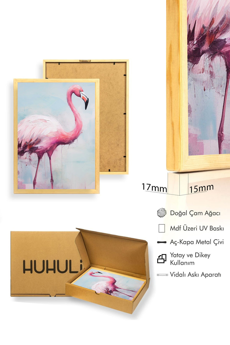 Doğal Ahşap Çerçeveli Çiçek Desenli Tablo - Canlı Tonlar | huhu1304